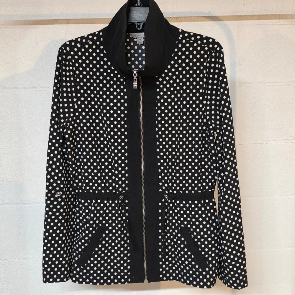 Laura Ashley Black White Polka‎ Dot Zip Up Light Jacket Drawstring Waist Women M